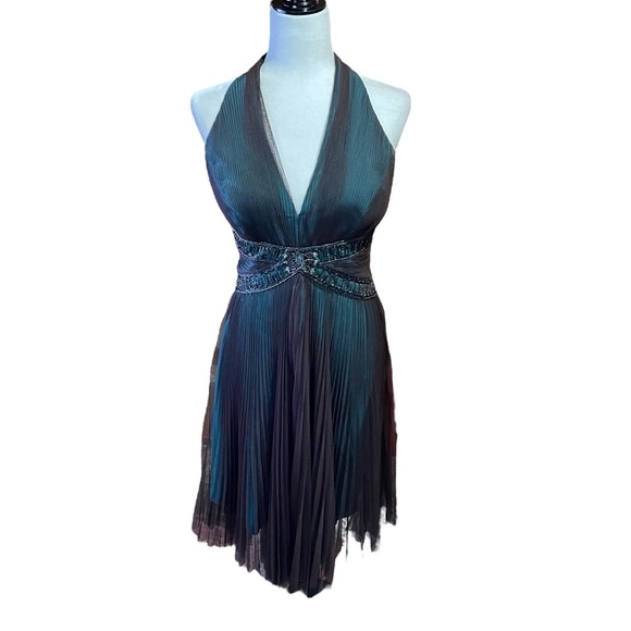 Badgley Mischka Halter Beaded Embroidery Pleated Tulle Silk Formal Dress-Size 10 - Picture 1 of 16